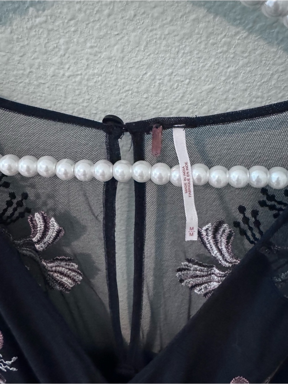 Free People Black Dress with Cream Floral Embroidery and Sheer Long Sleeves - Picture 2 of 3